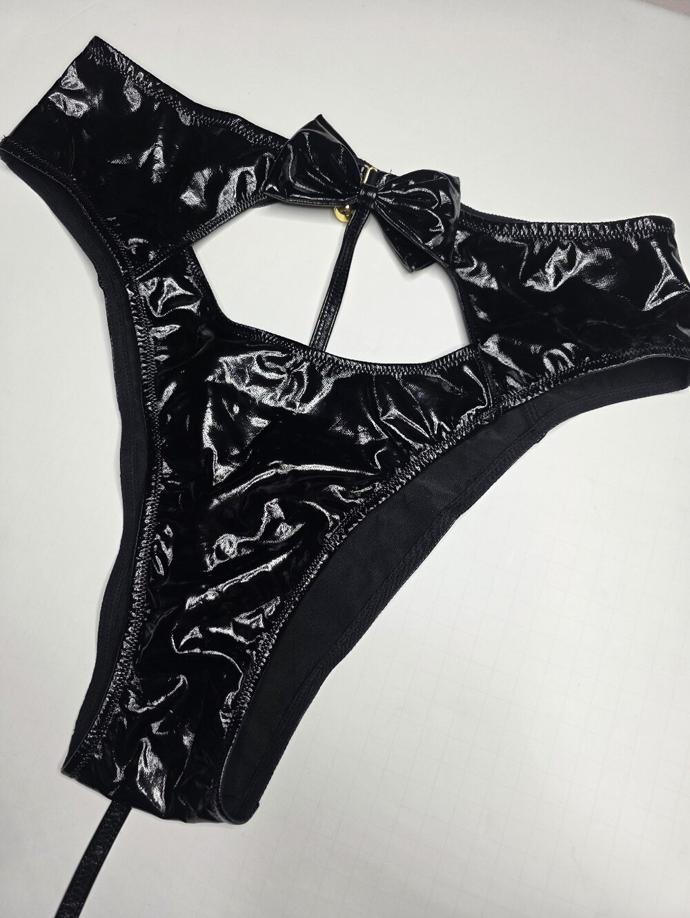 NEW Victoria's Secret Faux Leather Black Panties Bow And Bell XL